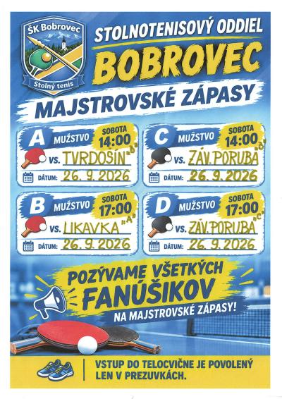 Majstrovské stolnotenisové zápasy v Bobrovci 26. septembra 2026